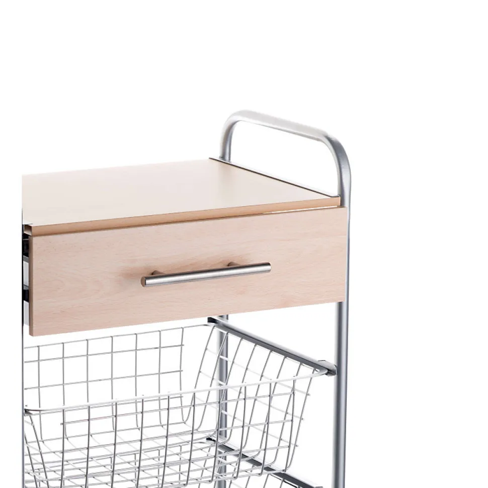 Desserte de cuisine ALESIA, 3 paniers, tiroir et plateau hêtre, Gris aluminium