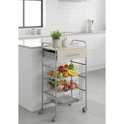 Desserte de cuisine ALESIA, 3 paniers, tiroir et plateau hêtre, Gris aluminium