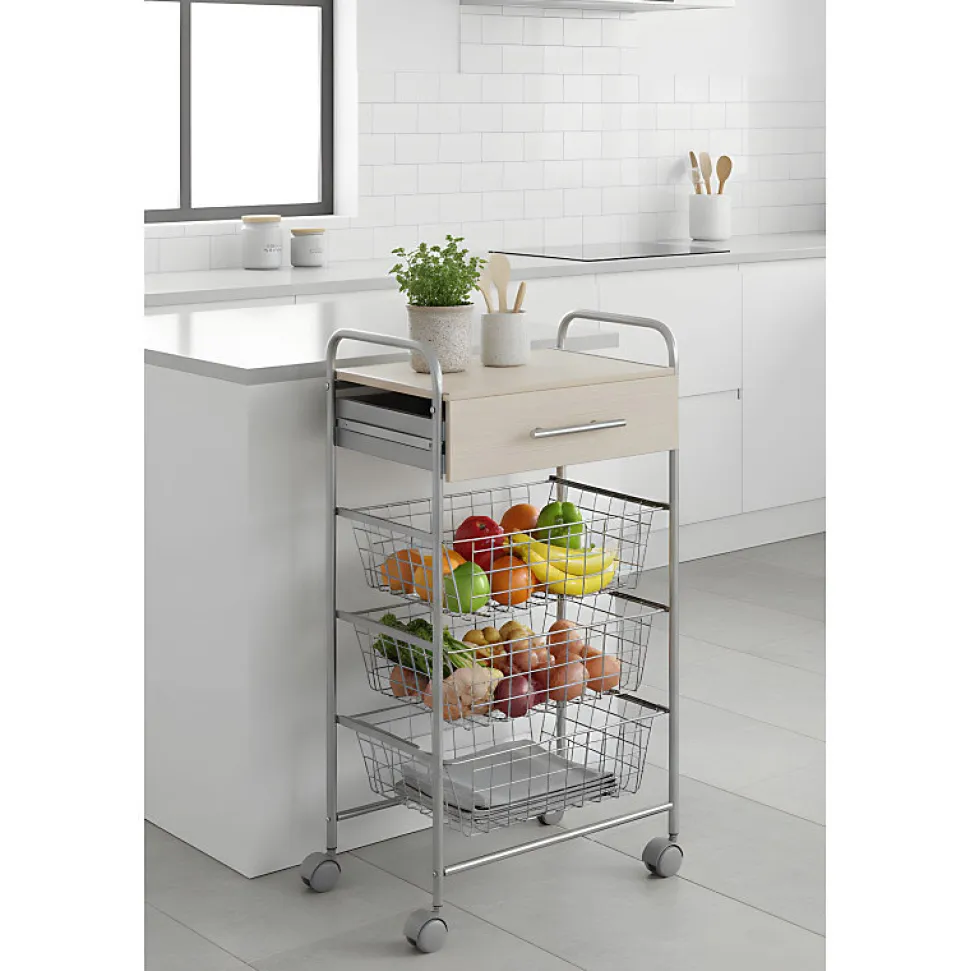 Desserte de cuisine ALESIA, 3 paniers, tiroir et plateau hêtre, Gris aluminium