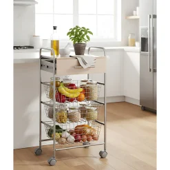 Desserte de cuisine ALESIA, 3 paniers, tiroir et plateau hêtre, Gris aluminium