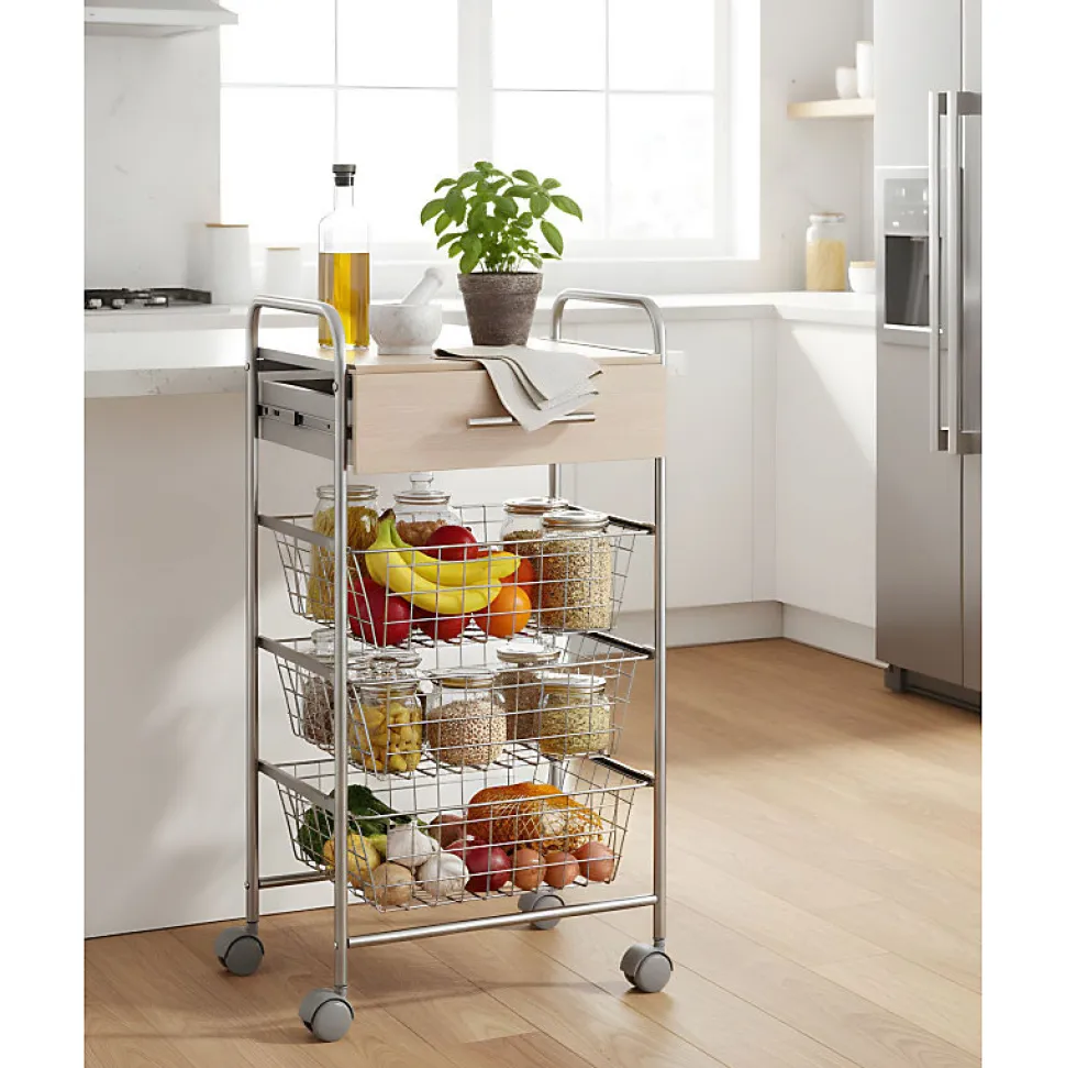 Desserte de cuisine ALESIA, 3 paniers, tiroir et plateau hêtre, Gris aluminium