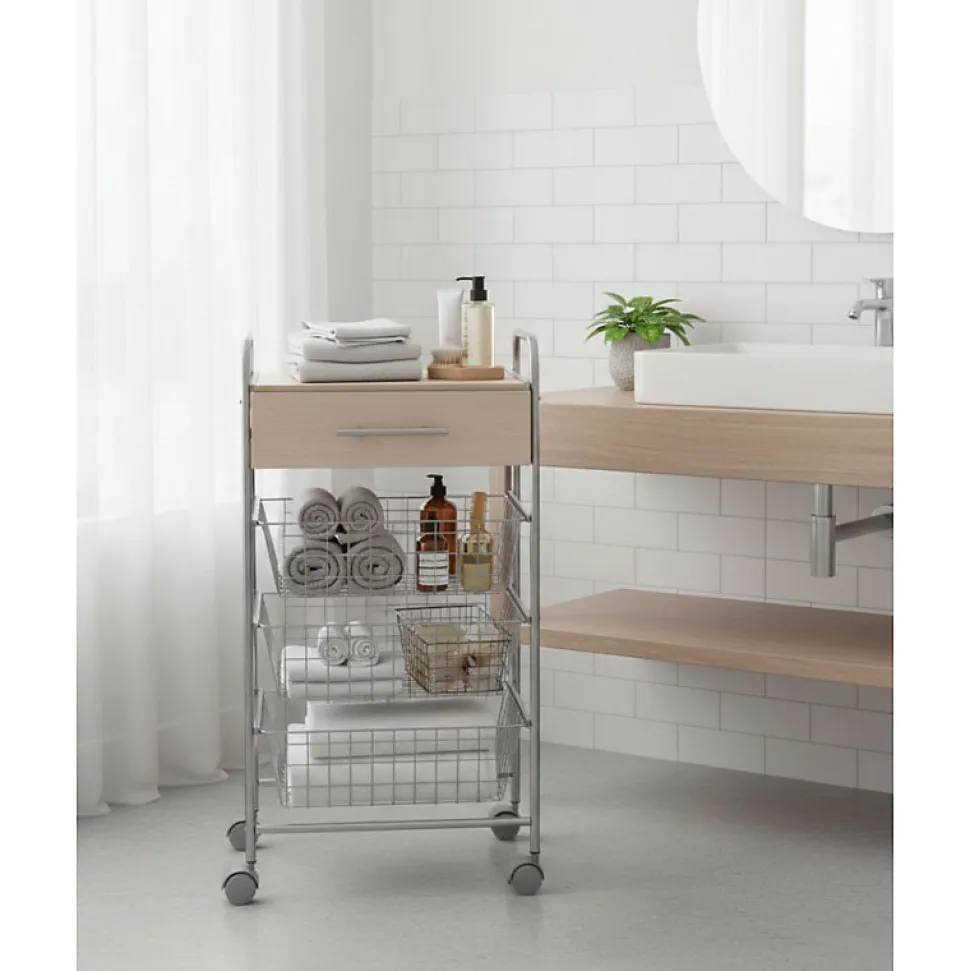 Desserte de cuisine ALESIA, 3 paniers, tiroir et plateau hêtre, Gris aluminium