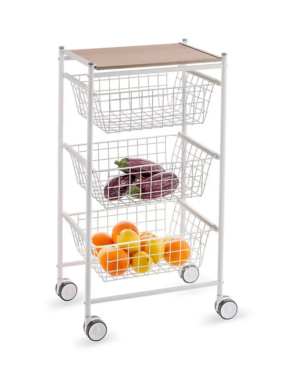 Desserte de cuisine AXO, 3 grands paniers coulissants, Blanc Hêtre