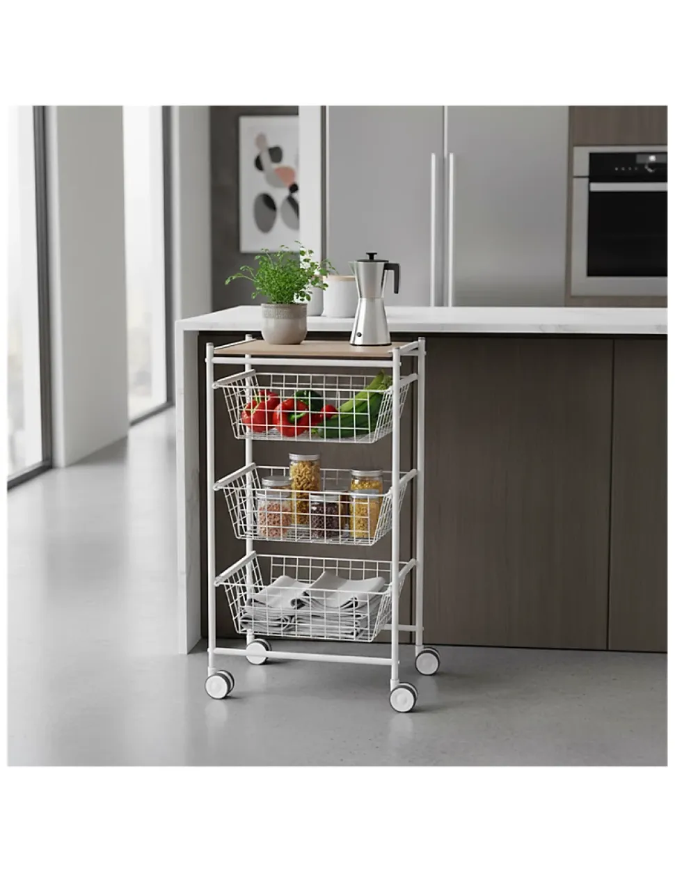 Desserte de cuisine AXO, 3 grands paniers coulissants, Blanc Hêtre