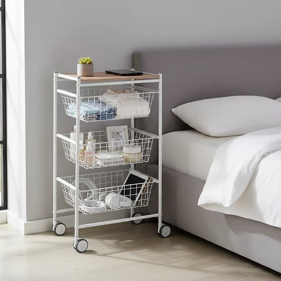 Desserte de cuisine AXO, 3 grands paniers coulissants, Blanc Hêtre