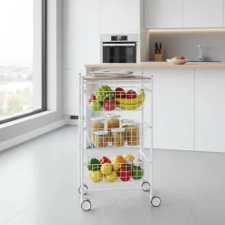 Desserte de cuisine AXO, 3 grands paniers coulissants, Blanc Hêtre