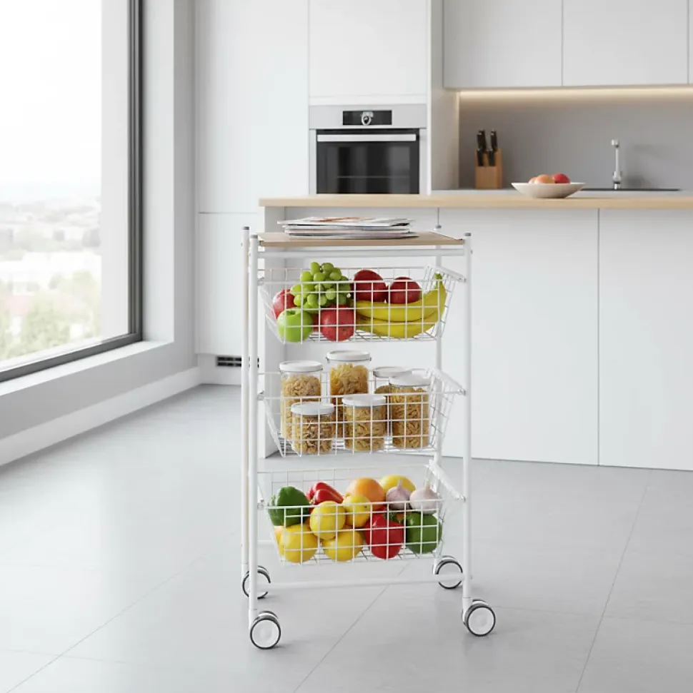 Desserte de cuisine AXO, 3 grands paniers coulissants, Blanc Hêtre