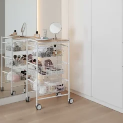 Desserte de cuisine AXO, 3 grands paniers coulissants, Blanc Hêtre