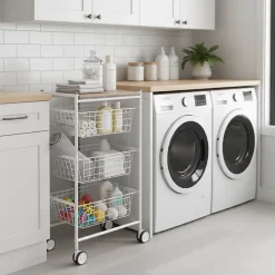 Desserte de cuisine AXO, 3 grands paniers coulissants, Blanc Hêtre