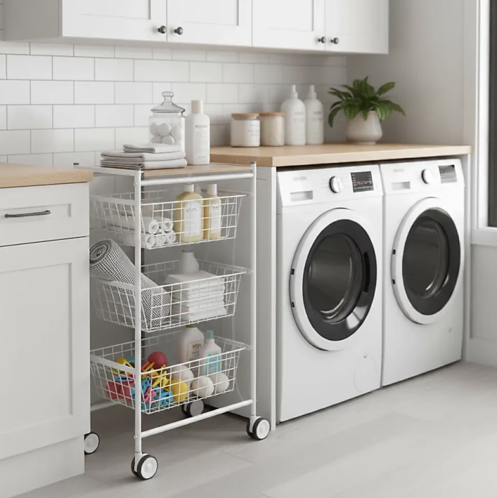 Desserte de cuisine AXO, 3 grands paniers coulissants, Blanc Hêtre