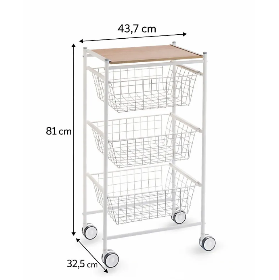 Desserte de cuisine AXO, 3 grands paniers coulissants, Blanc Hêtre