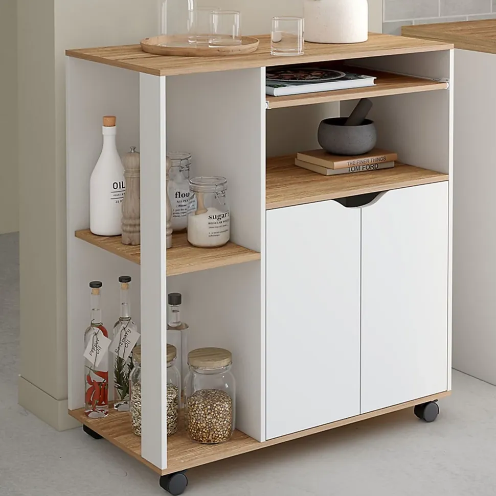 Desserte de cuisine COSI bois blanc et plateaux façon hêtre L.76 CM