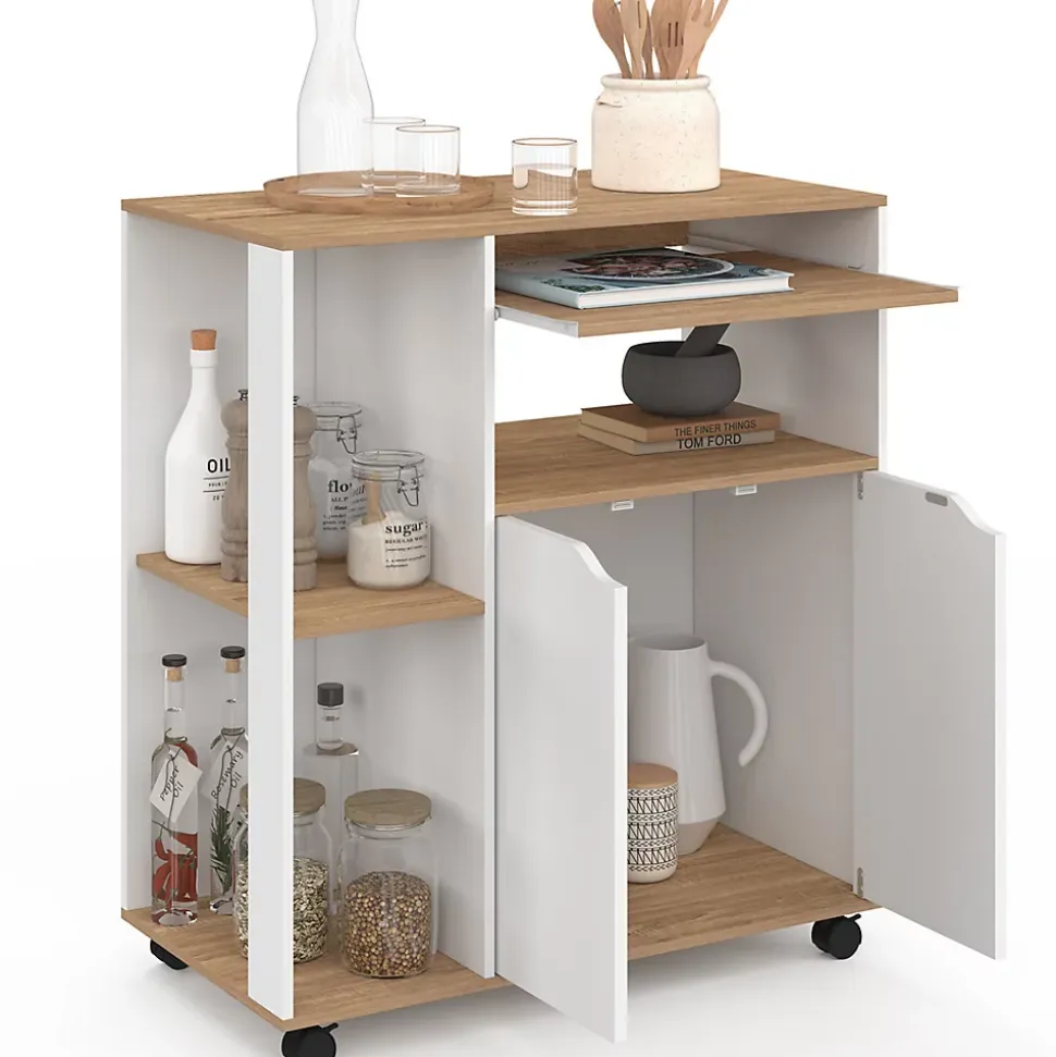 Desserte de cuisine COSI bois blanc et plateaux façon hêtre L.76 CM