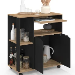 Desserte de cuisine COSI bois noir et plateaux façon hêtre L.76 CM