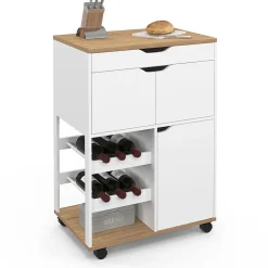 Desserte de cuisine COSY avec placard et range bouteilles bois et blanc