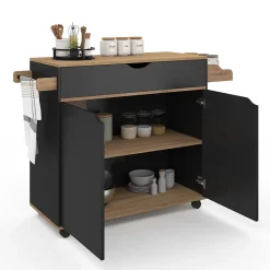 Desserte de cuisine COSY XXL placard avec tiroir noir et plateaux façon hêtre L.90 CM