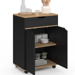 Desserte de cuisine COSY placard avec tiroir bois noir et plateaux façon hêtre L.60 CM