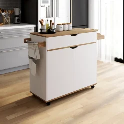 Desserte de cuisine COSY XXL placard avec tiroir blanc et plateaux façon hêtre L.90 CM