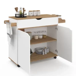 Desserte de cuisine COSY XXL placard avec tiroir blanc et plateaux façon hêtre L.90 CM