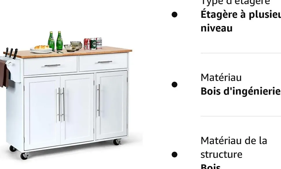 Desserte de Cuisine Desserte en Bois avec Placard étagères Niveaux Réglables et Tiroirs