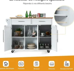 Desserte de Cuisine Desserte en Bois avec Placard étagères Niveaux Réglables et Tiroirs