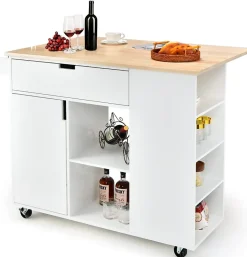 Desserte de Cuisine Desserte à roulettes en Bois avec Placard étagère Ouverte et Tiroir Plateau Extensible Blanc