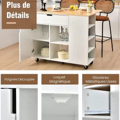 Desserte de Cuisine Desserte à roulettes en Bois avec Placard étagère Ouverte et Tiroir Plateau Extensible Blanc