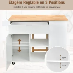 Desserte de Cuisine Desserte à roulettes en Bois avec Placard étagère Ouverte et Tiroir Plateau Extensible Blanc