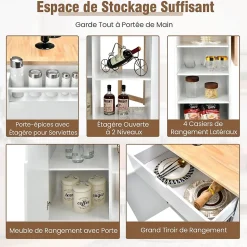 Desserte de Cuisine Desserte à roulettes en Bois avec Placard étagère Ouverte et Tiroir Plateau Extensible Blanc