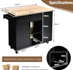 Desserte de Cuisine Desserte à roulettes en Bois avec Placard 124x76x92 CM étagère Ouverte et Tiroir Plateau Extensible Pliable