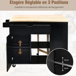 Desserte de Cuisine Desserte à roulettes en Bois avec Placard 124x76x92 CM étagère Ouverte et Tiroir Plateau Extensible Pliable