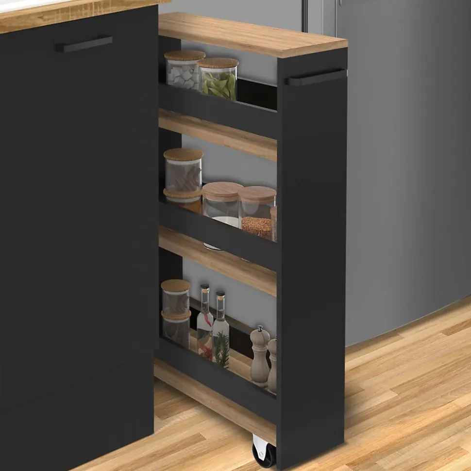Desserte de cuisine gain de place HAGA chariot de rangement à étages noir et façon hêtre