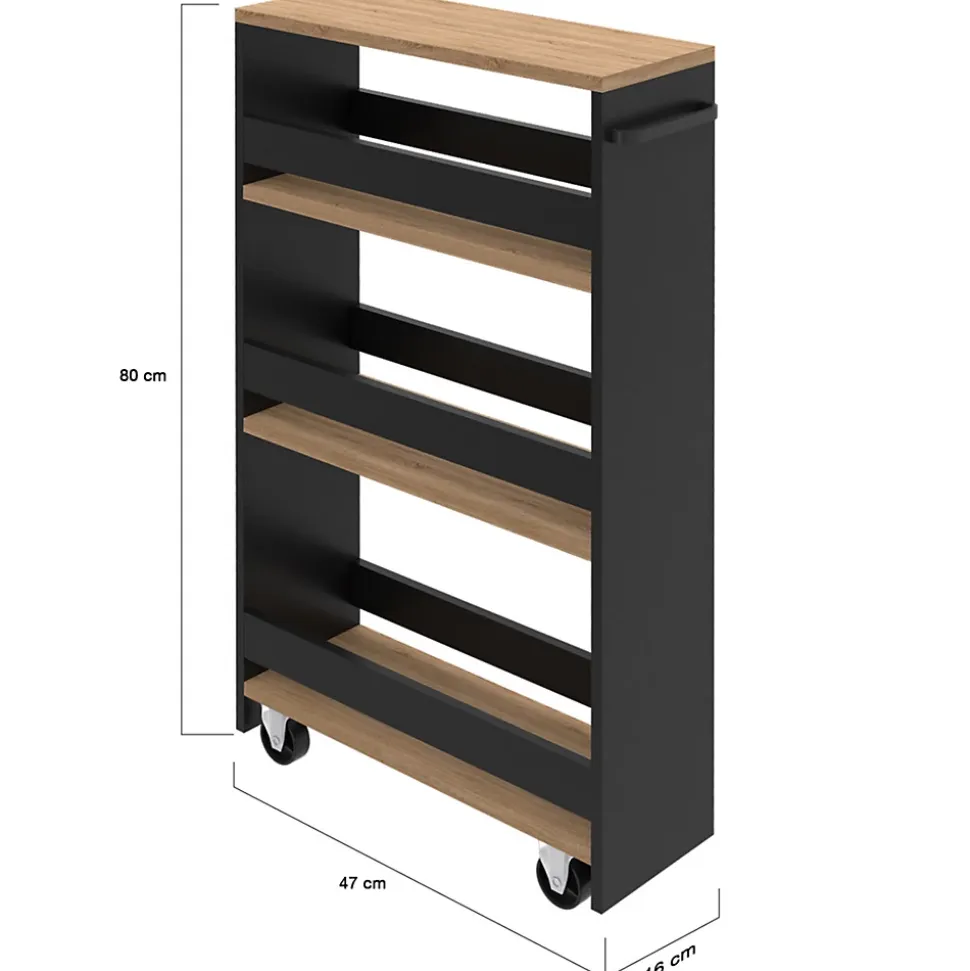 Desserte de cuisine gain de place HAGA chariot de rangement à étages noir et façon hêtre