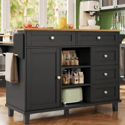 Desserte de Cuisine Moderne - Chariot de Cuisine Mobile avec Tiroirs et Rangements, Meuble MDF, 134x46x92 cm, Noir