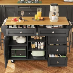 Desserte de Cuisine Moderne - Chariot de Cuisine Mobile avec Tiroirs et Rangements, Meuble MDF, 134x46x92 cm, Noir