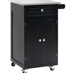 Desserte de cuisine multi-rangements 1 tiroir placard 2 portes avec étagère porte-torchons MDF noir acier inox.