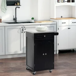 Desserte de cuisine multi-rangements 1 tiroir placard 2 portes avec étagère porte-torchons MDF noir acier inox.