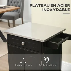 Desserte de cuisine multi-rangements 1 tiroir placard 2 portes avec étagère porte-torchons MDF noir acier inox.
