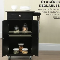 Desserte de cuisine multi-rangements 1 tiroir placard 2 portes avec étagère porte-torchons MDF noir acier inox.