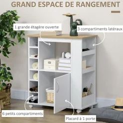Desserte de cuisine multi-rangement porte grande niche 5 étagères 3 compartiments blanc aspect chêne clair