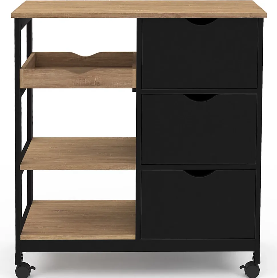 Desserte de cuisine MUNA 3 paniers + 1 plateau amovible noir et effet hêtre L.76 cm