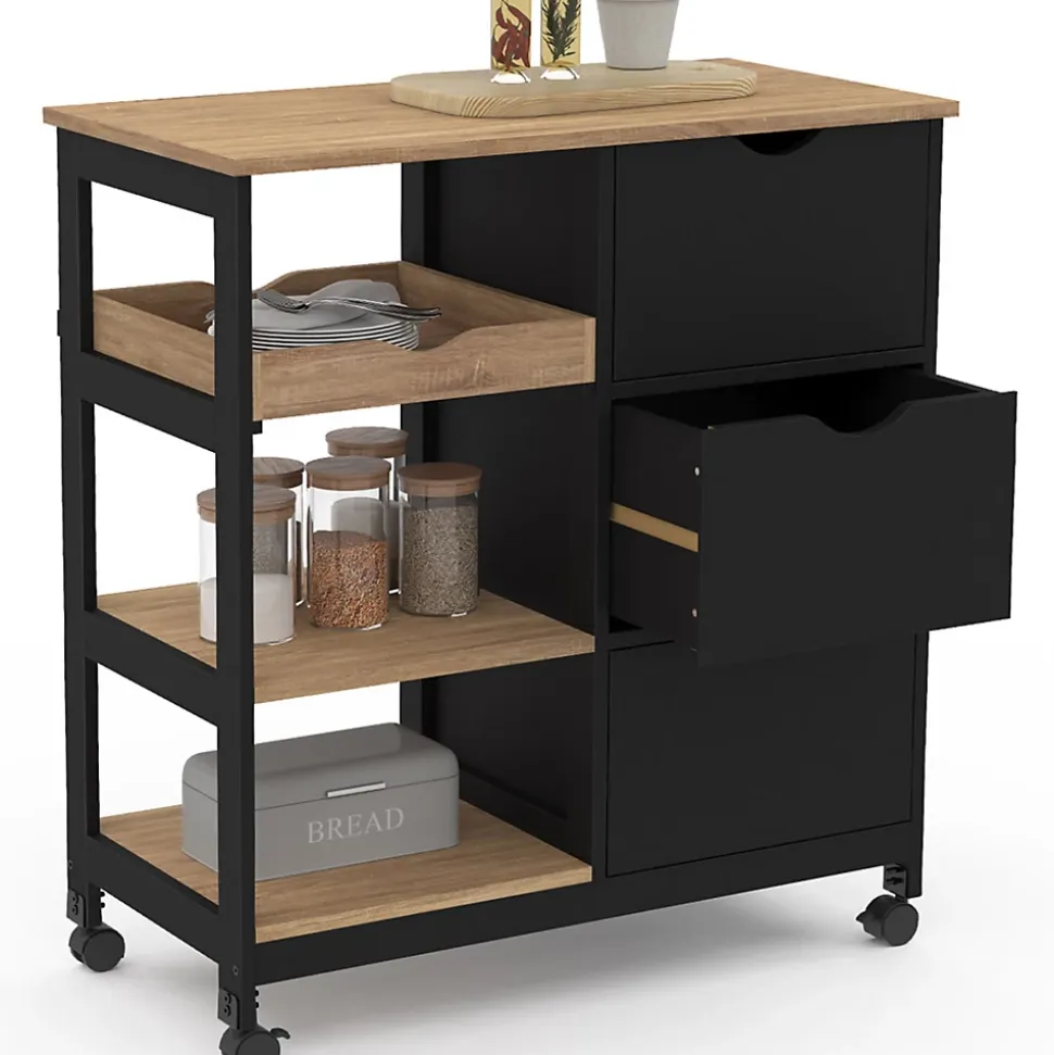 Desserte de cuisine MUNA 3 paniers + 1 plateau amovible noir et effet hêtre L.76 cm