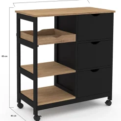 Desserte de cuisine MUNA 3 paniers + 1 plateau amovible noir et effet hêtre L.76 cm