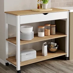 Desserte de cuisine PENH XXL avec tiroir et plan de travail blanc plateaux façon hêtre L.100 CM