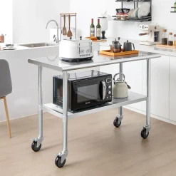 Desserte de Cuisine Table de Travail à Roulettesen Acier Inoxydable avec Étagère Réglable