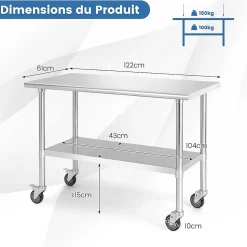 Desserte de Cuisine Table de Travail à Roulettesen Acier Inoxydable avec Étagère Réglable