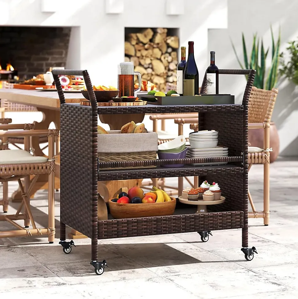 Desserte Exterieur Plancha à 3 Niveaux, en Rotin avec roulettes, Étagères , Poignées Latérales, Jardin, Porche, 86 x 50 x 89 cm