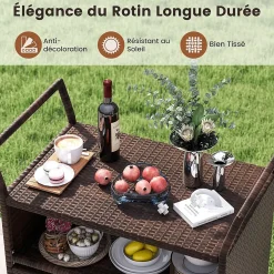 Desserte Exterieur Plancha à 3 Niveaux, en Rotin avec roulettes, Étagères , Poignées Latérales, Jardin, Porche, 86 x 50 x 89 cm