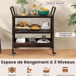 Desserte Exterieur Plancha à 3 Niveaux, en Rotin avec roulettes, Étagères , Poignées Latérales, Jardin, Porche, 86 x 50 x 89 cm