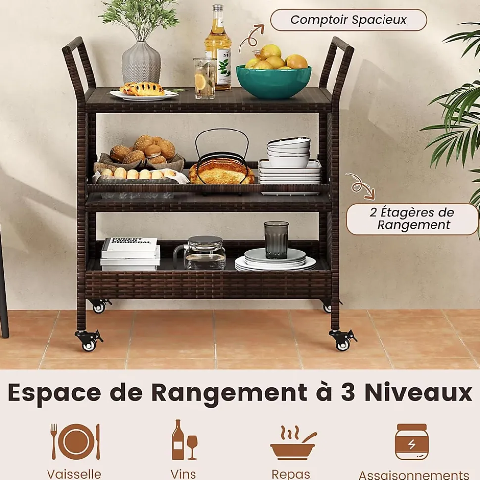 Desserte Exterieur Plancha à 3 Niveaux, en Rotin avec roulettes, Étagères , Poignées Latérales, Jardin, Porche, 86 x 50 x 89 cm